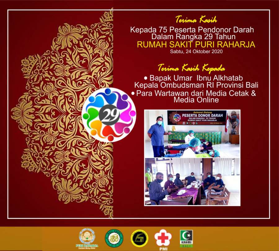 Terima kasih kepada peserta donor darah dalam rangka 29 Tahun RSU Puri Raharja 